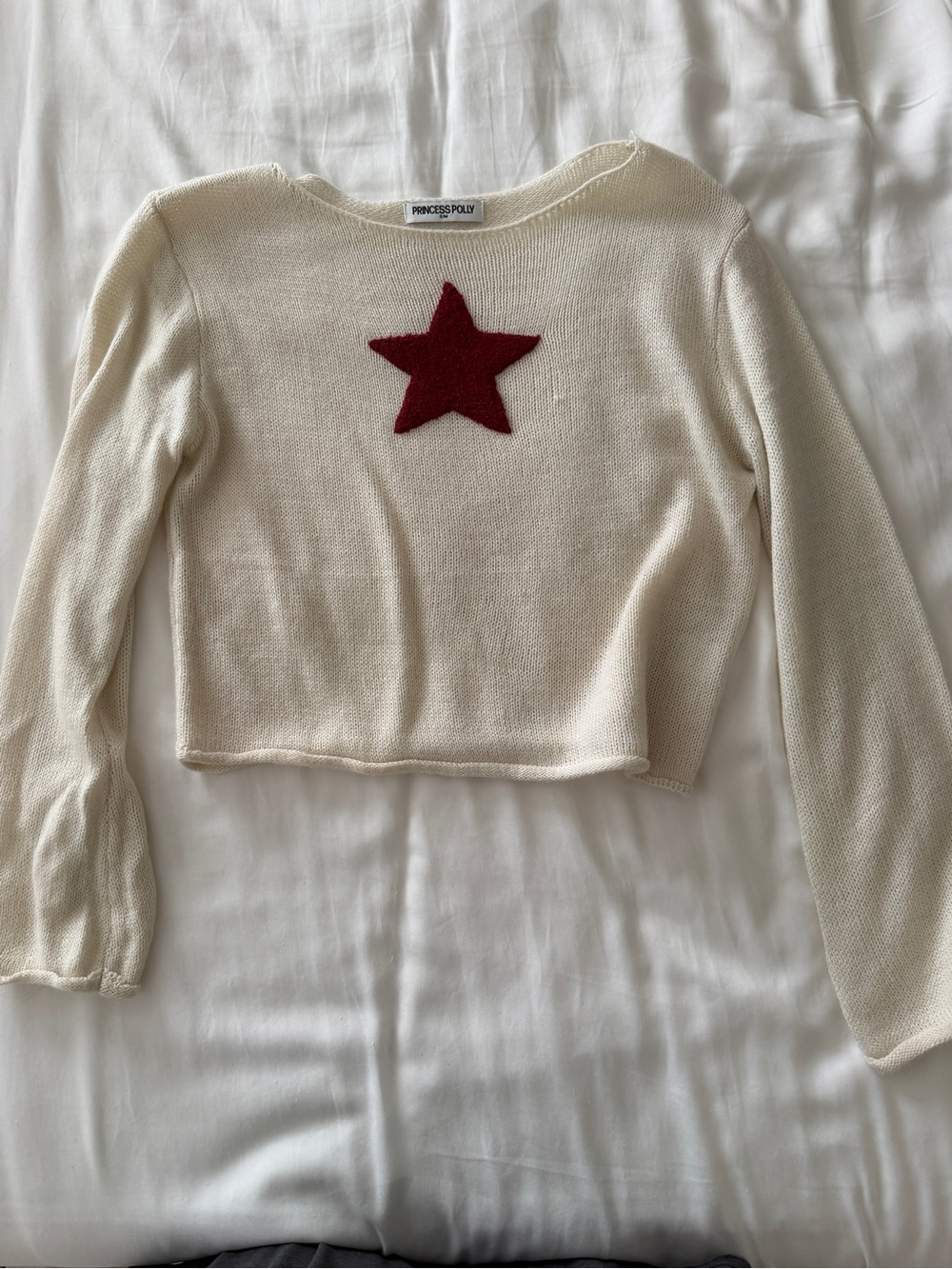 Princess Polly Cream Knit Crop Sweater with Red Star
